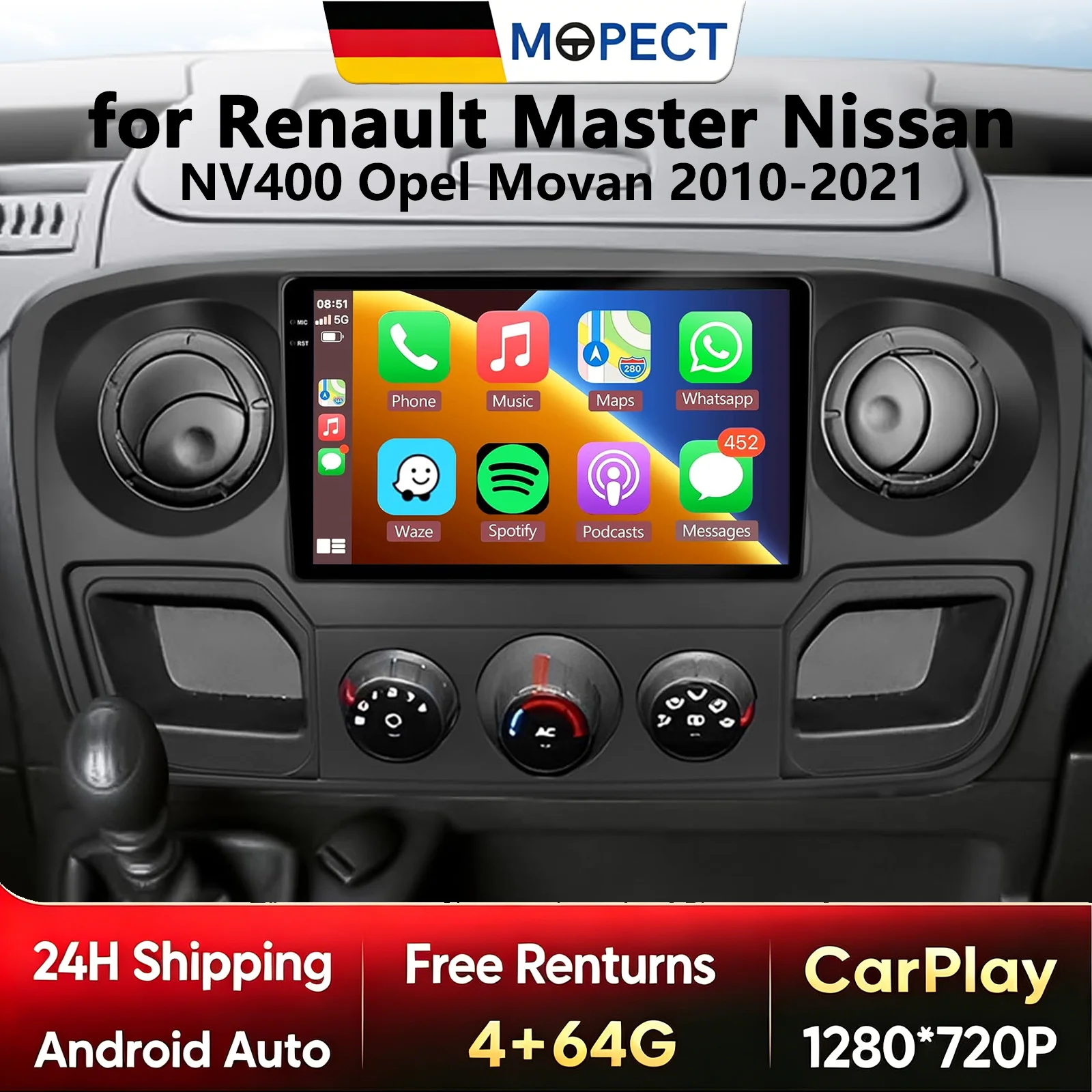 Autoradio Android 4+128G pour Renault Master 3 III 2011-2021 Nissan NV400 Opel Movano, Carplay sans fil, GPS multimédia, autoradio 2din, unité principale, DAB+, DVR, caméra embarquée