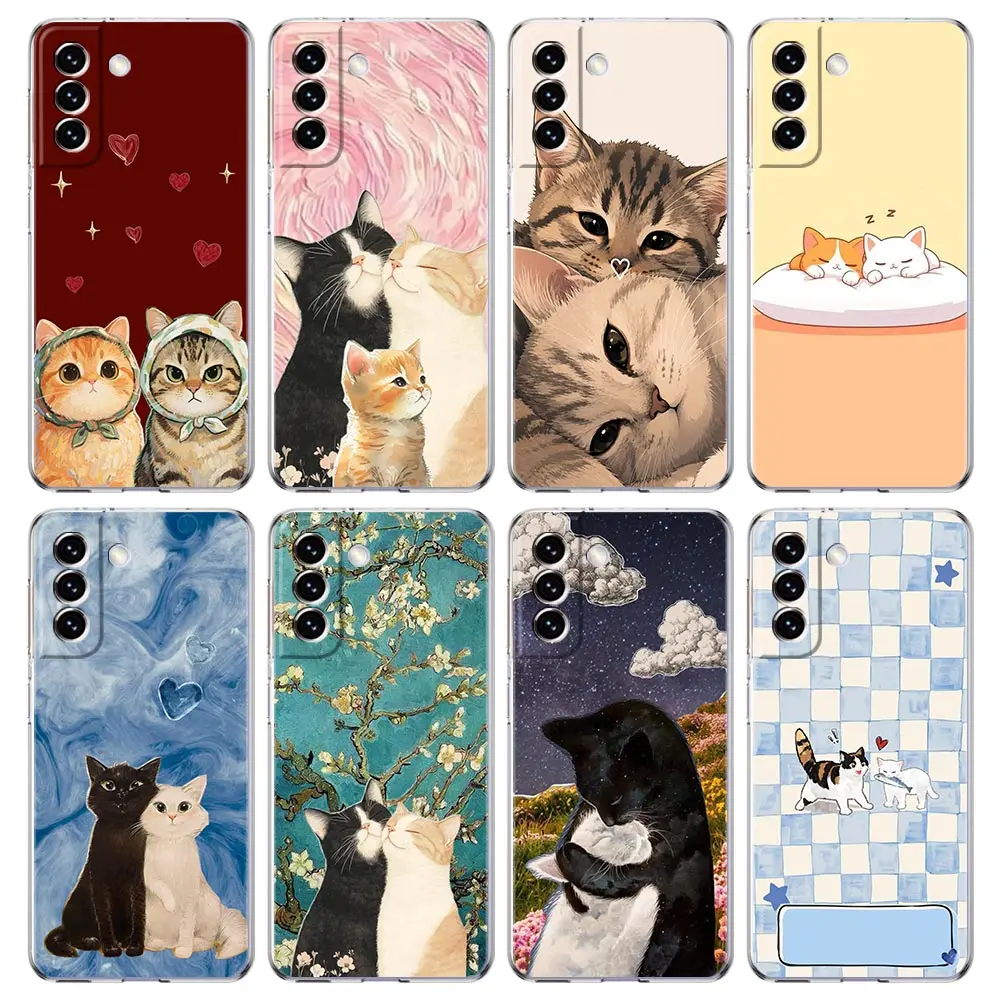 Phone Case For Samsung Galaxy S26 S25 FE S24 S23 S22 S21 Ultra S20 5G S10E Plus Protect Clear Cover Cute Cat Couple
