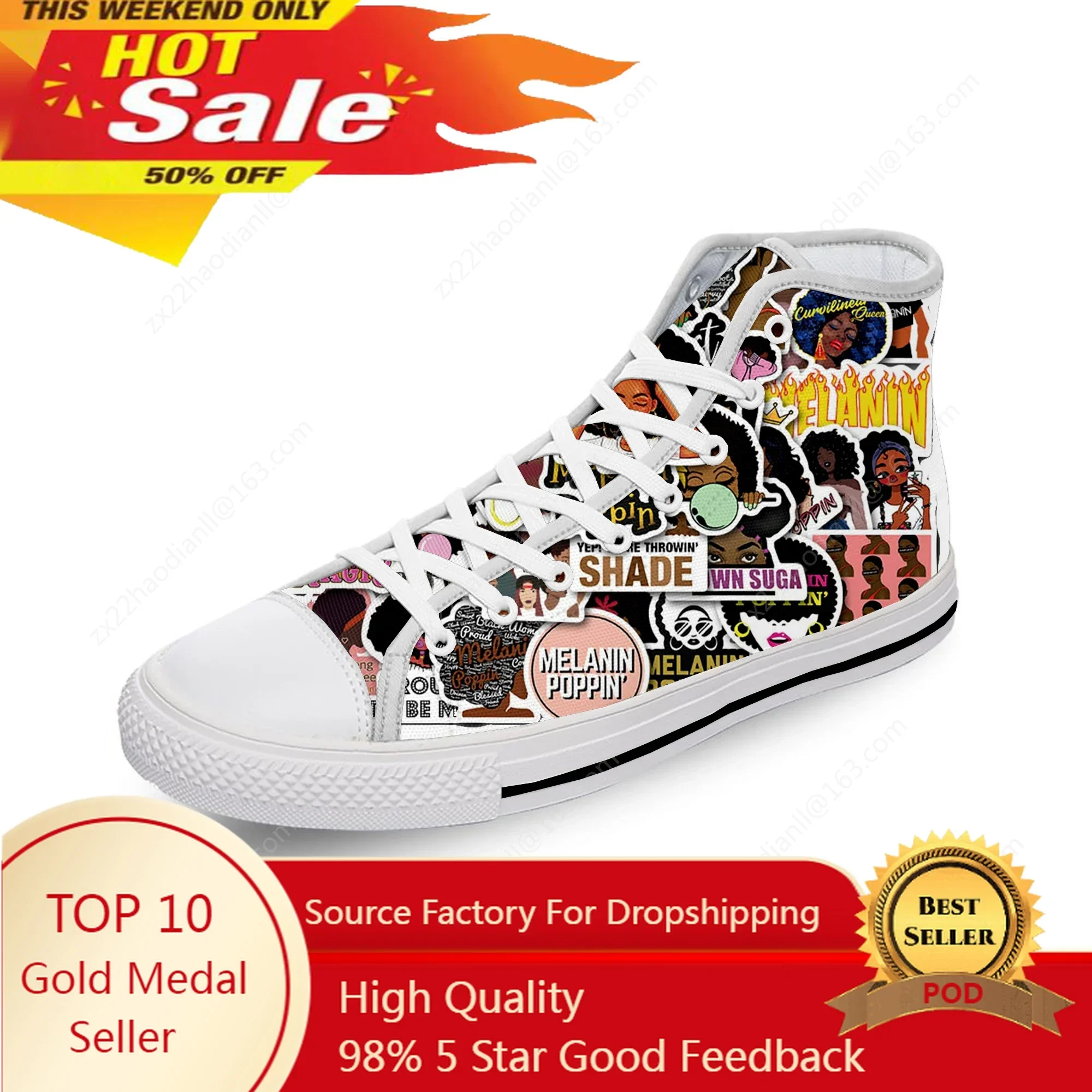 Black Girl Magic Melanin Poppin White Cloth Fashion 3D Print High Top Canvas Shoes Men Women Lightweight Breathable Sneakers