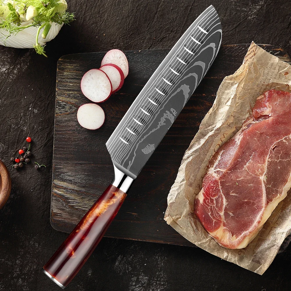 7 Inch Santoku Knife Kitchen Knives Ultra Sharp Japanese Chefs Knife Pro Chopping Knife Damascus Laser Pattern Resin Handle