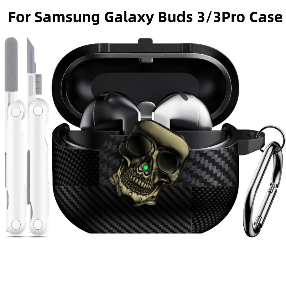 New For Samsung Galaxy Buds 3 Pro with Keychain & Cleaner Kit Funny Skull Carbon Fiber Protective Case For Samsung Galaxy Buds 3