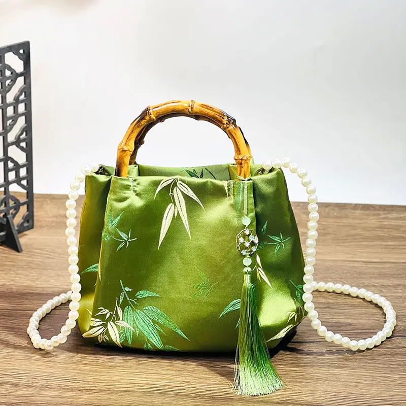 Chinese Style Fringe Tassel Bag Ancient Cheongsam Hanfu Decor Brocade Purse Bag Vintage Women Chain Pearl Straps Handbags