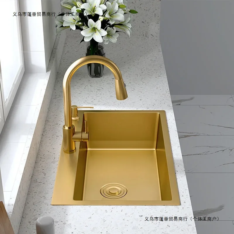 Nano 304 stainless steel sink golden kitchen vegetable basin under the counter large single slot thickened handmade