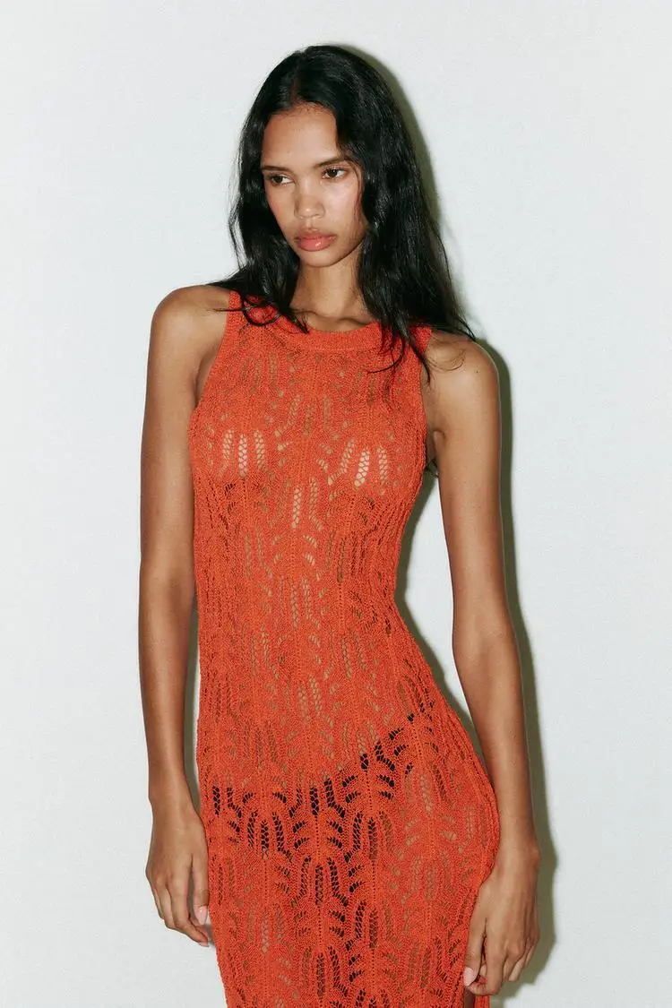 

YY1317 ZA25 Summer New Women's Sexy Jacquard Mesh Round Neck Sleeveless Knitted Midi Dress 1822026
