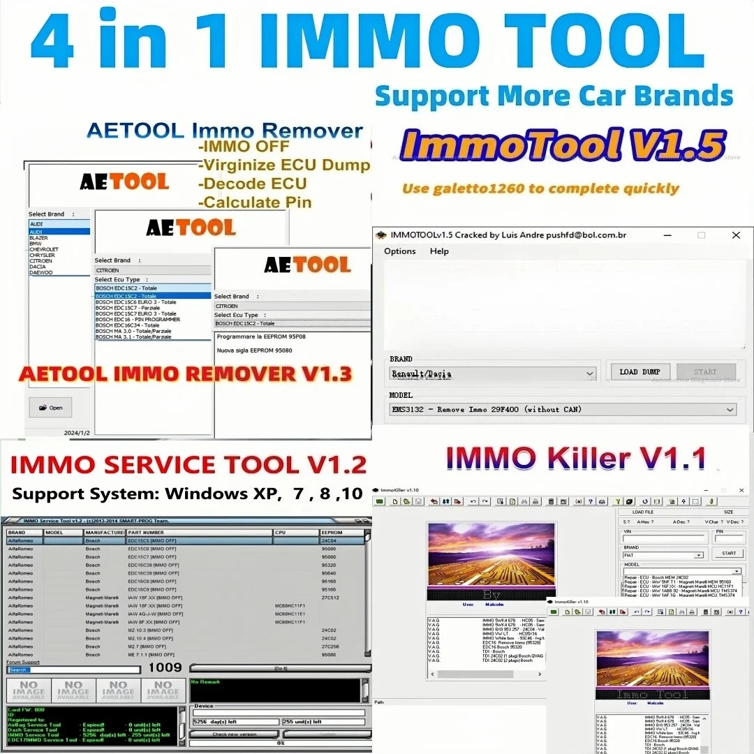 

4 в 1: Программное обеспечение для ремонта автомобилей IMMO TOOL v1.5 (иммобилайзер, EDC15, EDC16, EDC17, BSI) + ImmoKiller V1.10 + AE TOOL V1.3 + Immo service v1.2
