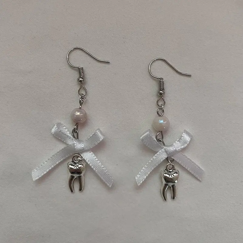 Серьги ручной работы с бантом из ленты, милые романтические серьги с зубами