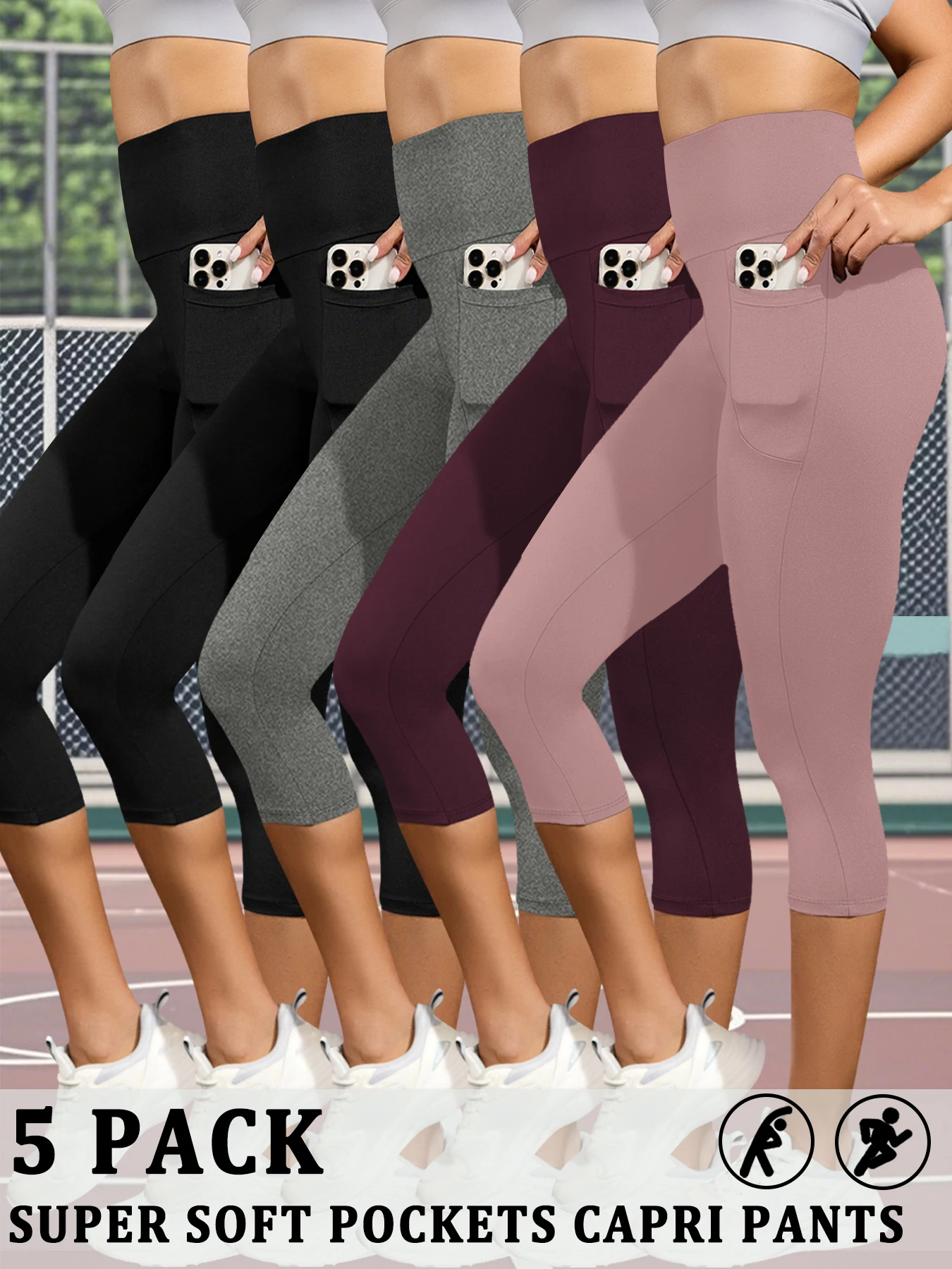

5 Pack High Waisted capri pants For Women With Pockets Super Soft No See Through Workout Running Yoga Push Up Gym Leggings