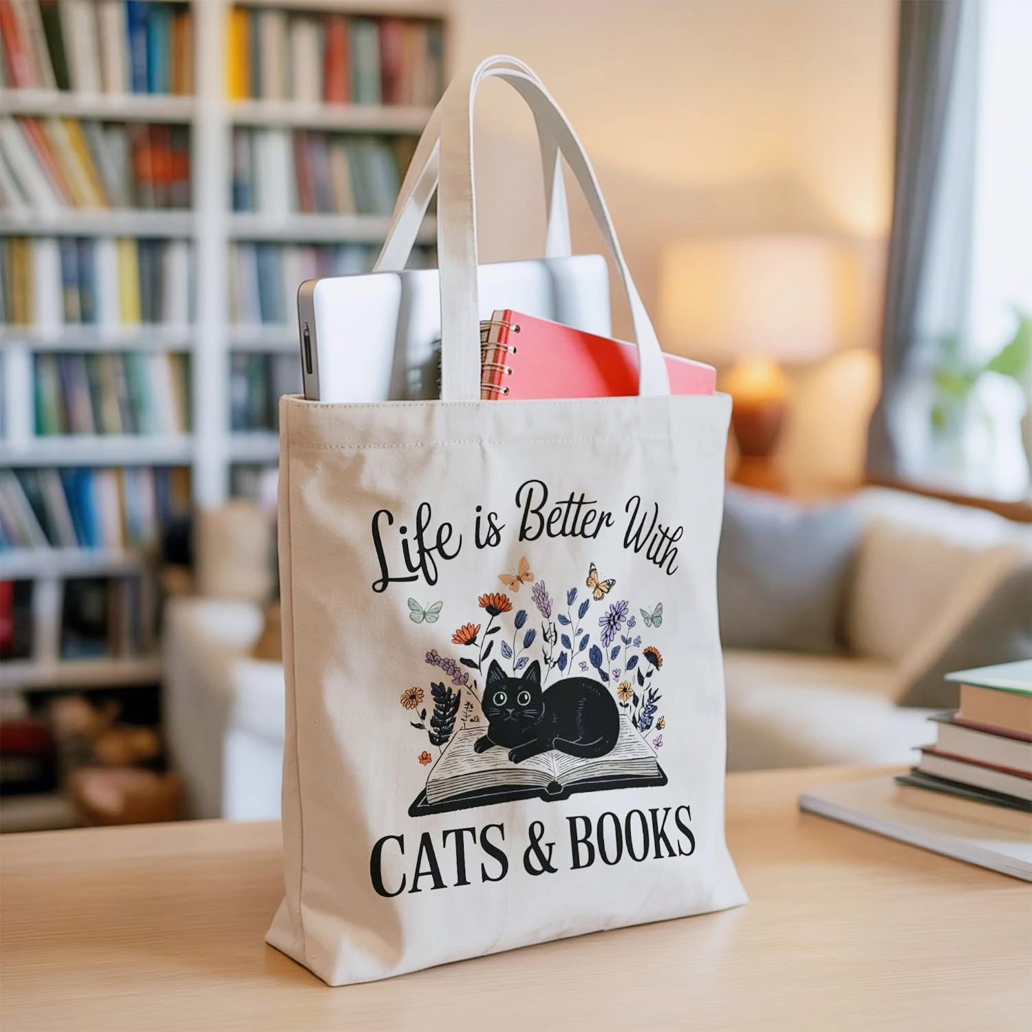 

Wonderful, Sweet and Beautiful Literature Book Beige Canvas Shoulder Bag with Cat Book Lavender Quotes Reading Pet Shoulder Bag