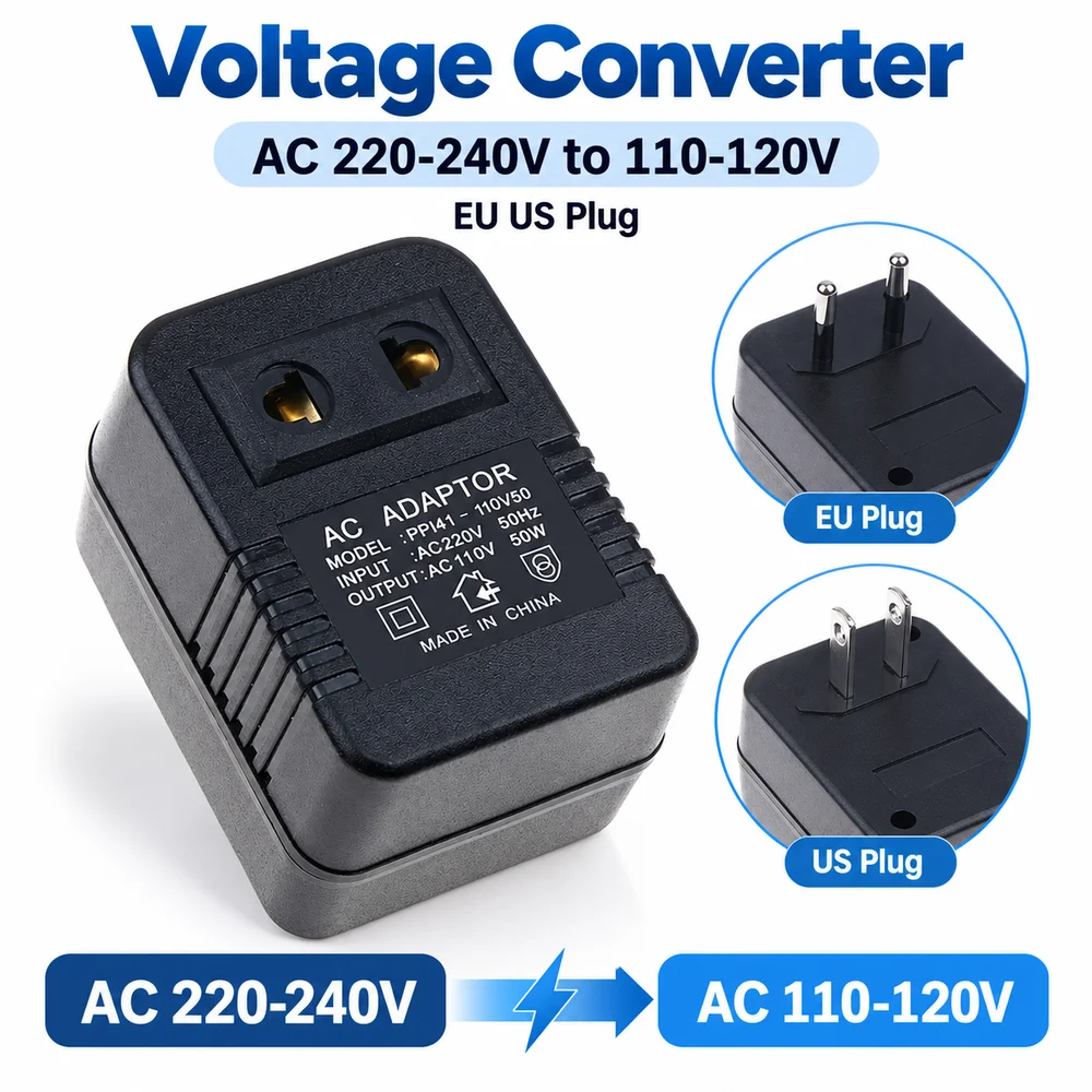 1Pcs EU US Plug Step Down Transformer Rated Power AC 220-240V to 110-120V Travel Adapter Single Phase Oil Immersed Self Cooling
