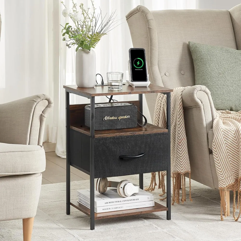 

Bedside table with charging station and LED light for bedroom, high 2-drawer dresser with fabric bucket for bedside laundry