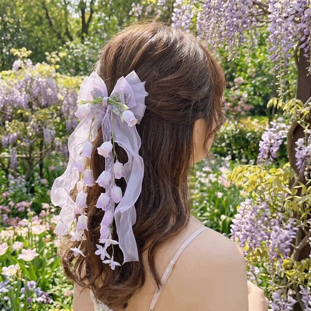 Sweet Tulle Bow Hair Clips Floral Designs Sequin Bell Orchid Ribbon Barrettes Mesh Soft Lolita Dress Hair Accessories Daily Wear