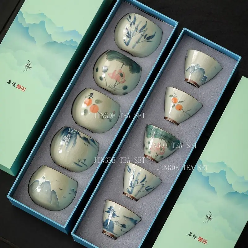 5pcs Chinese Celadon Tea Cup Set with Underglaze Color Floral and Landscape Designs Kung Fu Tea Gift Box Drinkware Teaware