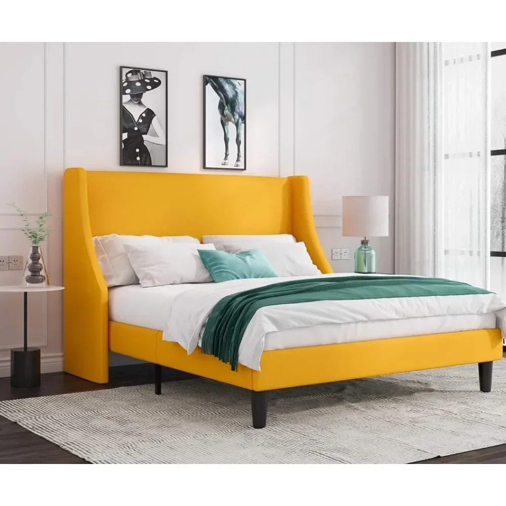 Full-size bed frame, platform bed frame with padded headboard, modern luxury wing back, plank support, mattress base