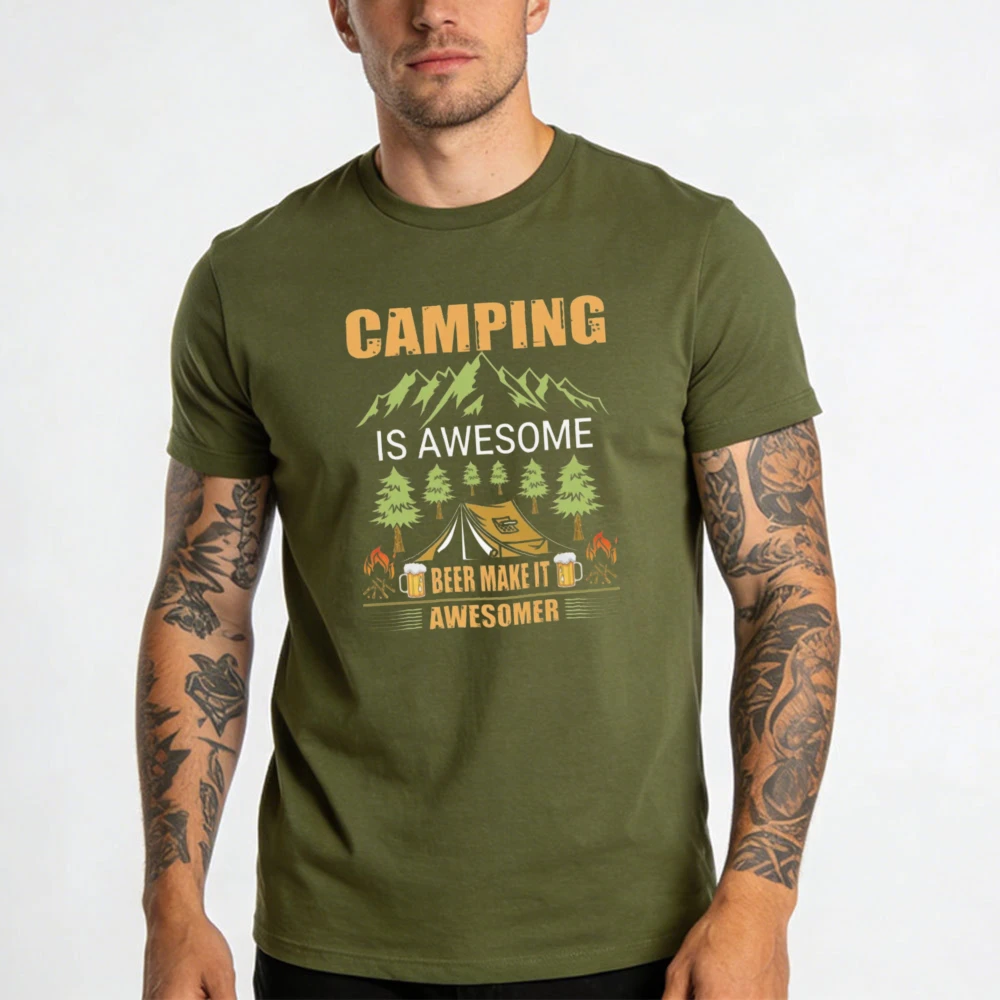 Outdoor Beer Slogan Graphic Tee Crew Neck Short Sleeve Hiking Men Clothes Casual Wear Camper Lover Gift Camping T Shirt