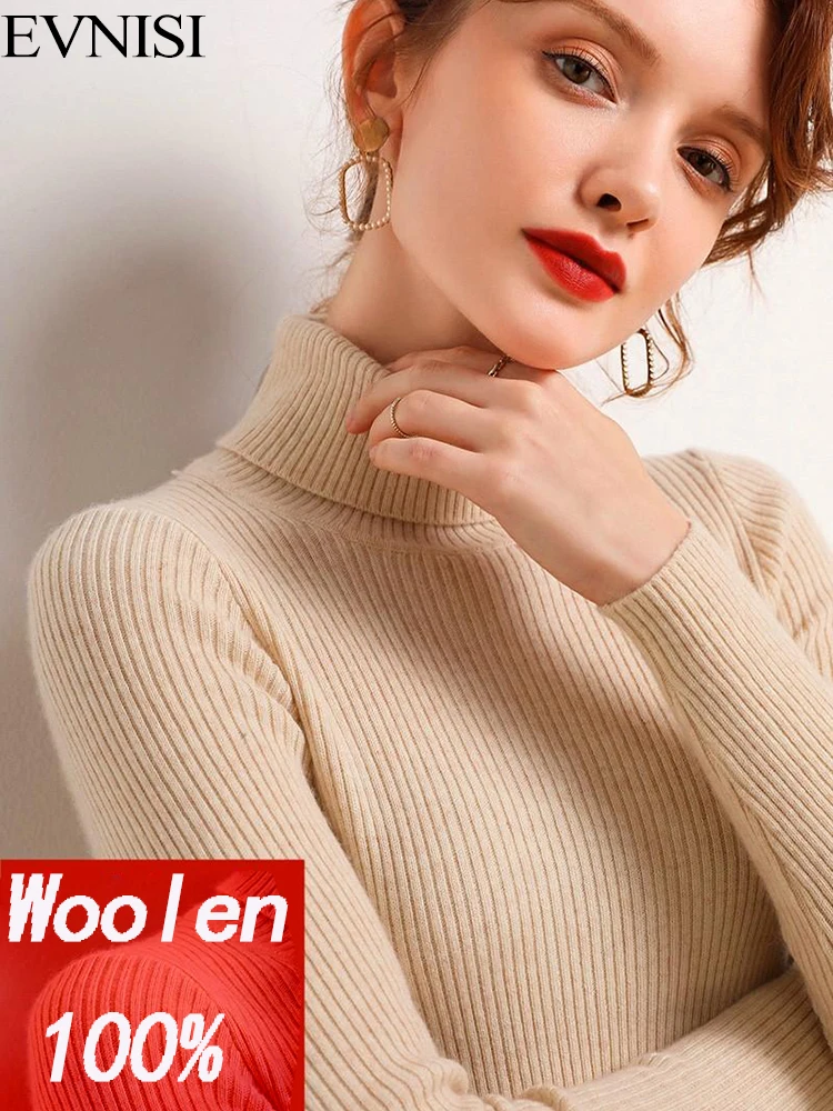 

EVNISI Women Turtleneck Cashmere Wool Sweater Autumn Winter Solid Knitted Jumper Female Casual Basic Bottoming Pullover Sweater