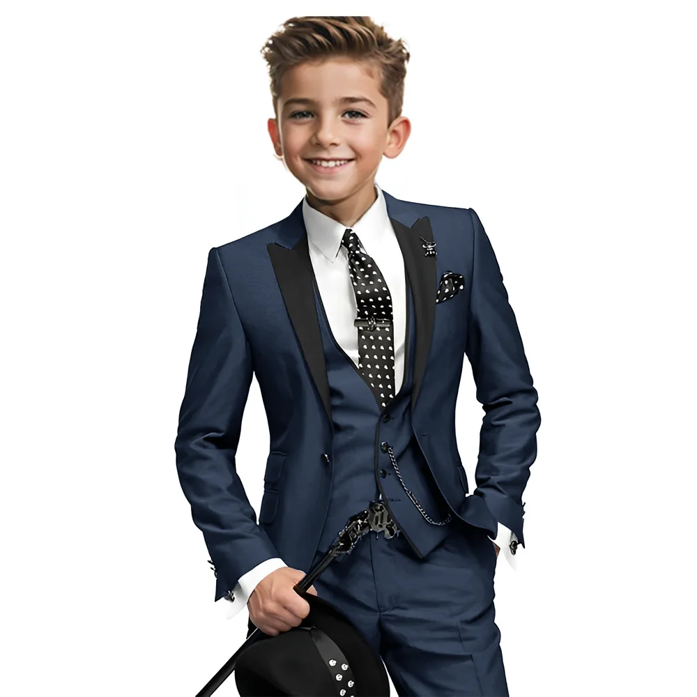 Navy Blue Boys Tuxedo 3-piece Blazer Pants Vest Wedding Boy Suit Formal Custom 2-16 Years Old Outfit