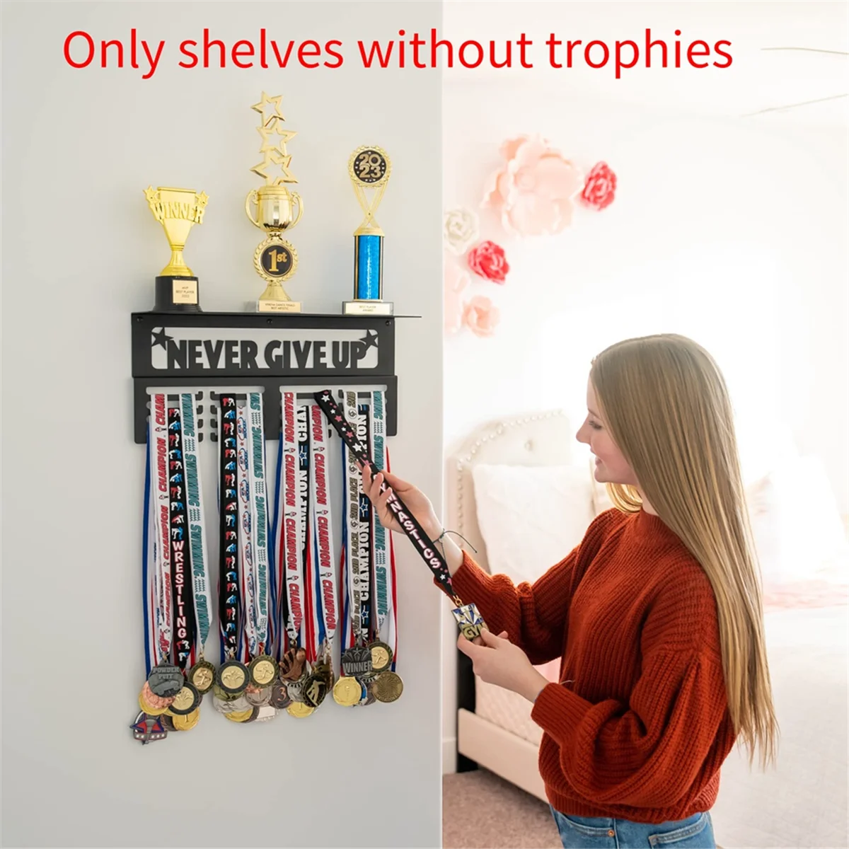 Never Give Up Medal Hanger Display with Shelf - Easy Install Carbon Steel Trophy and Medal Display Shelf,B