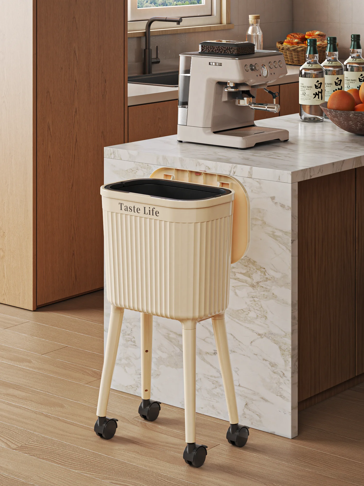 16L Movable Standing Trash Can with Wheels & Sliding Lid, Raised Tall Garbage Bin with Removable Inner Bucket for Kitchen Home