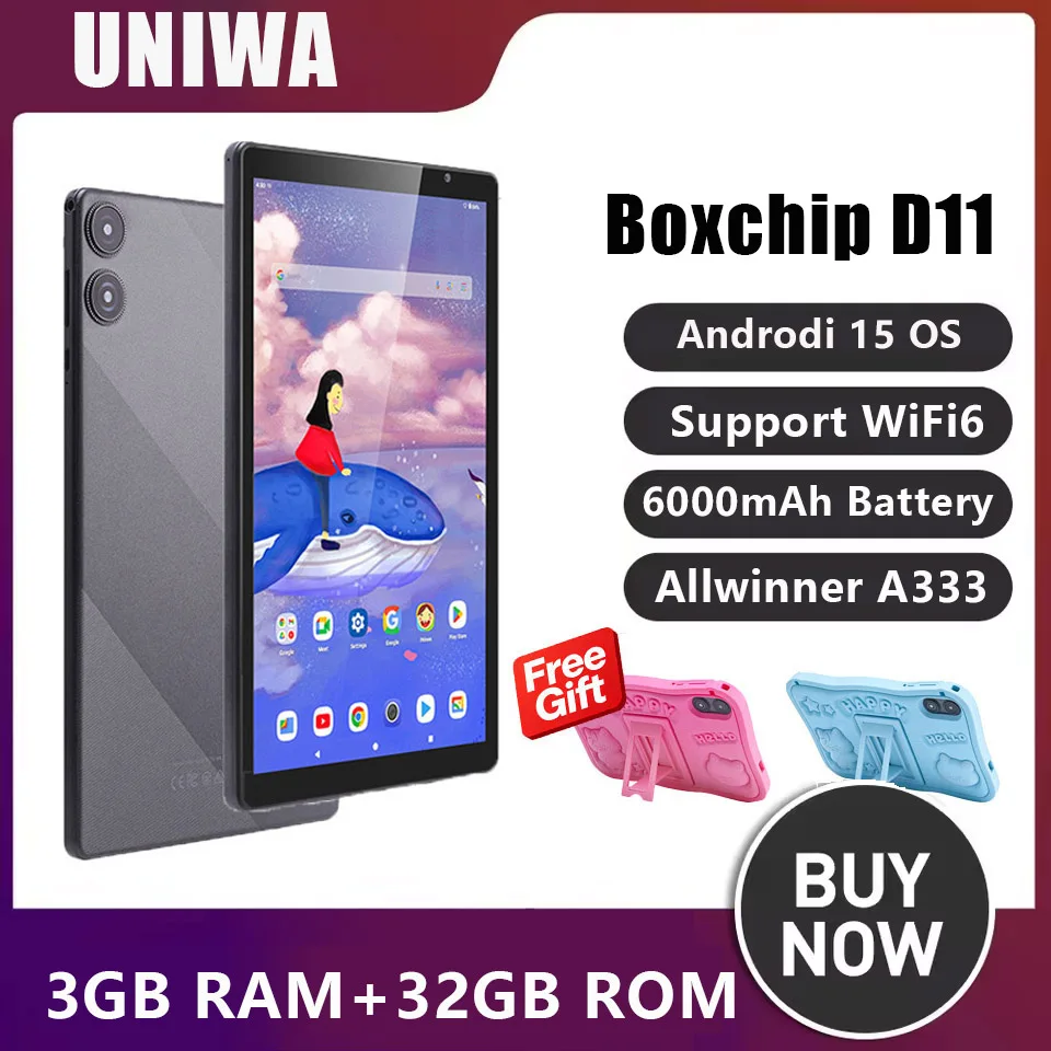 Boxchip D11  3GB RAM+32GB ROM 10.1 Inch Android 15 WiFi6 6000mAh Big Battery Kids Learning Tablet with Silicone Protective Case