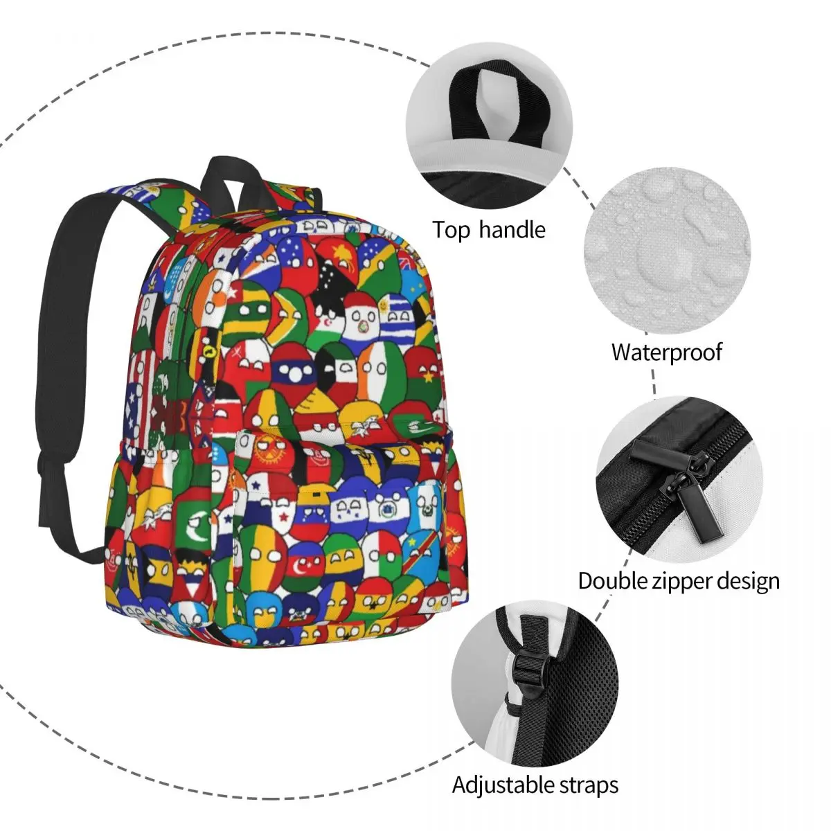 Countryball Cartoon Backpack Male Countries Earth Cute Large Backpacks Polyester Casual High School Bags Daily Designer Rucksack