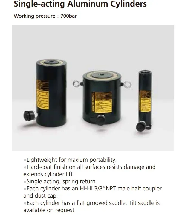 Aluminum Single Acting Hydraulic Cylinders Jack 10-200 Tons Load Lifting And Pressing Tool for Industrial Use