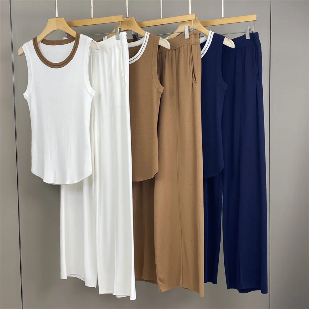 

Crew-Neck Knit Sleeveless Vest With High-Waisted Wide-Leg Pants Women's 2-Piece Outfit