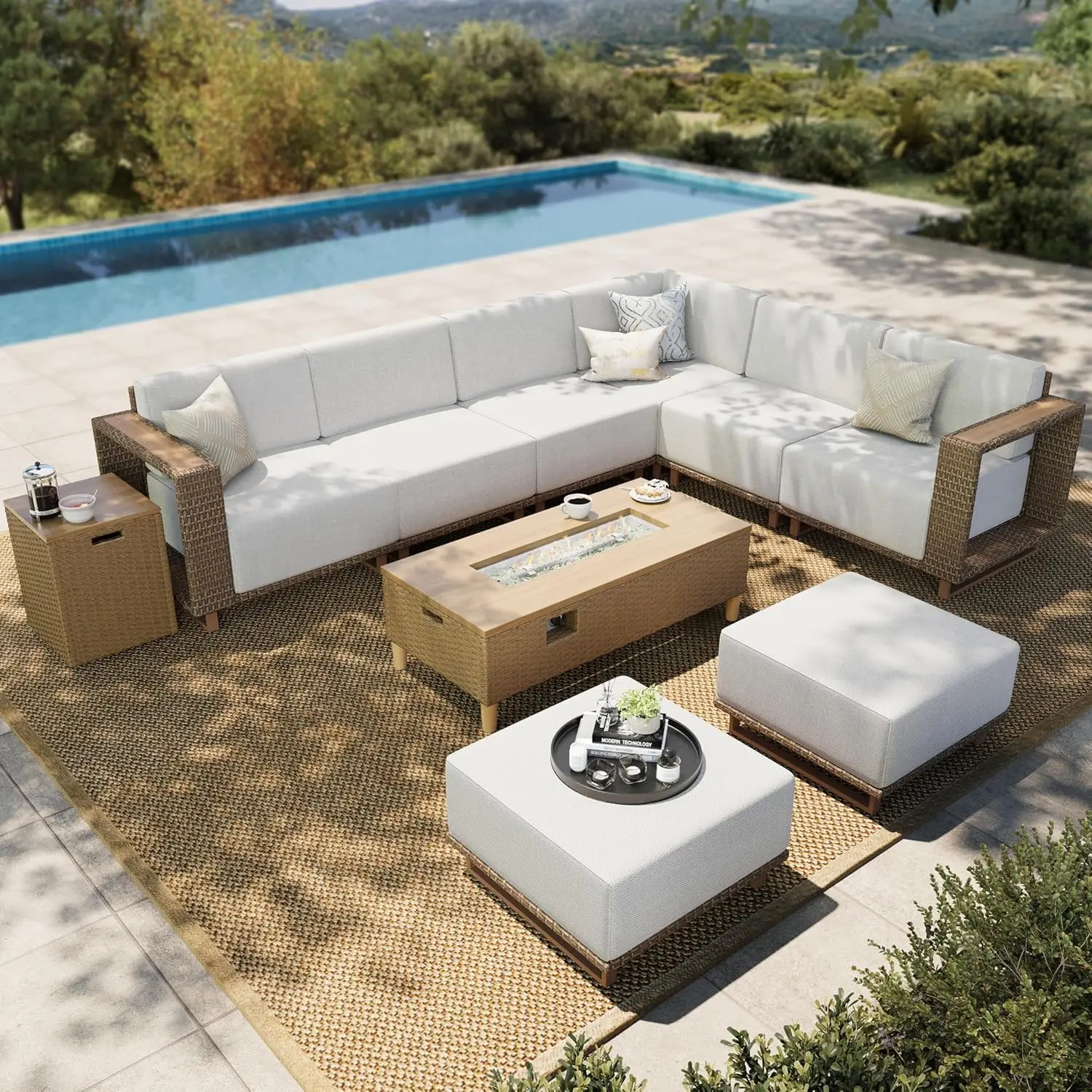 

8-Seat Yellow PE Rattan Sectional Sofa Set with Fire Pit Table Deep Seat 10in Cushion Patio Lawn, Customized