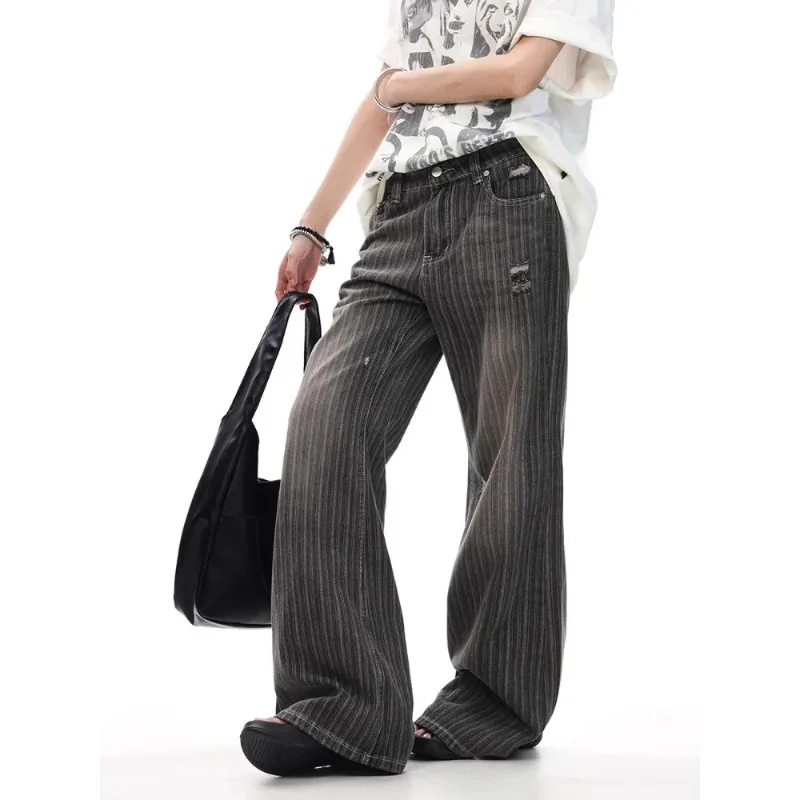 Women's American Retro Waed Striped Hole Denim Jeans Summer Loose High Street Micro Flared Cleanfit Casual Long Pants