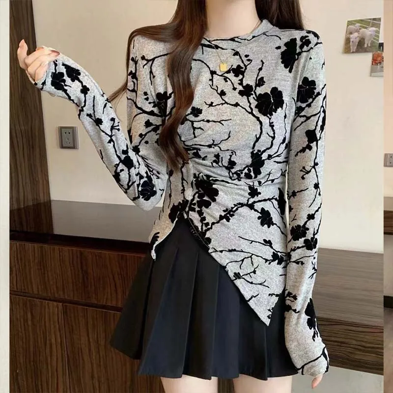 Women's Clothing Vintage Floral Print O-neck Long Sleeve Pullover Spring Autumn Chic All-match Slim Top Tee Office Lady Sexy Top