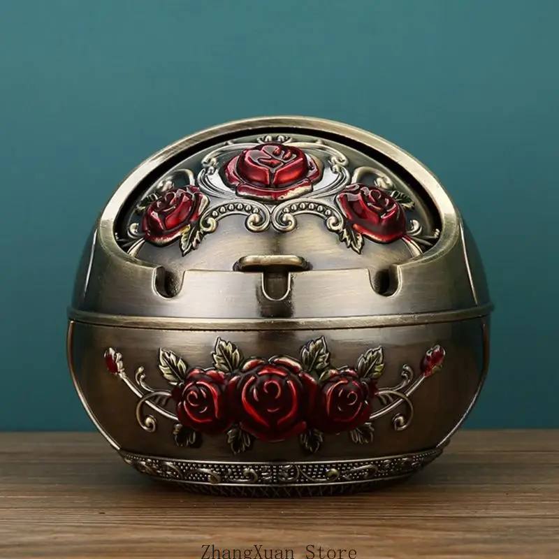 Metallaschenbecher mit Deckel und Rosenrelief für Arbeitszimmer, Schreibtisch, Heimbüro, Dekoration 3XUF – Detail 7