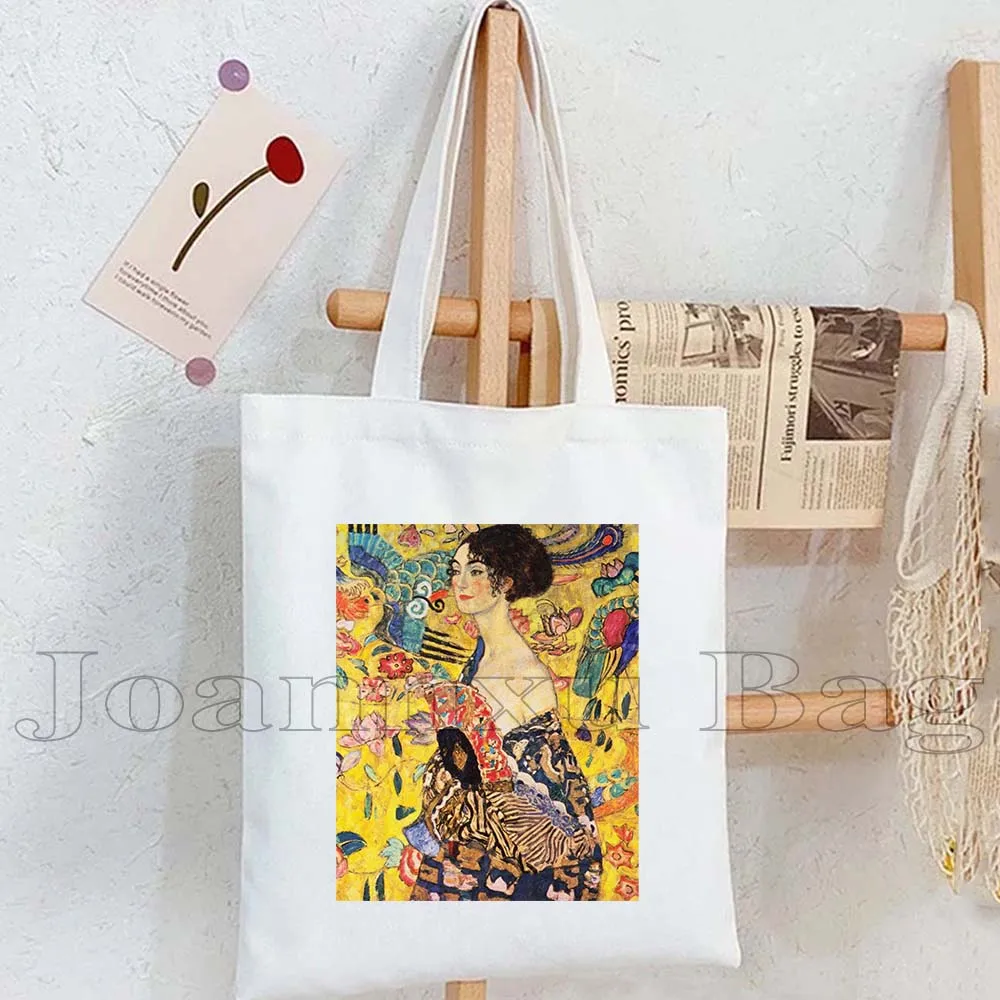 Fashion Austria Gustav Klimt Painting Farmhouse Kiss Death and Life Flower Garden Print Women Canvas Tote Bag Shopper Handbag