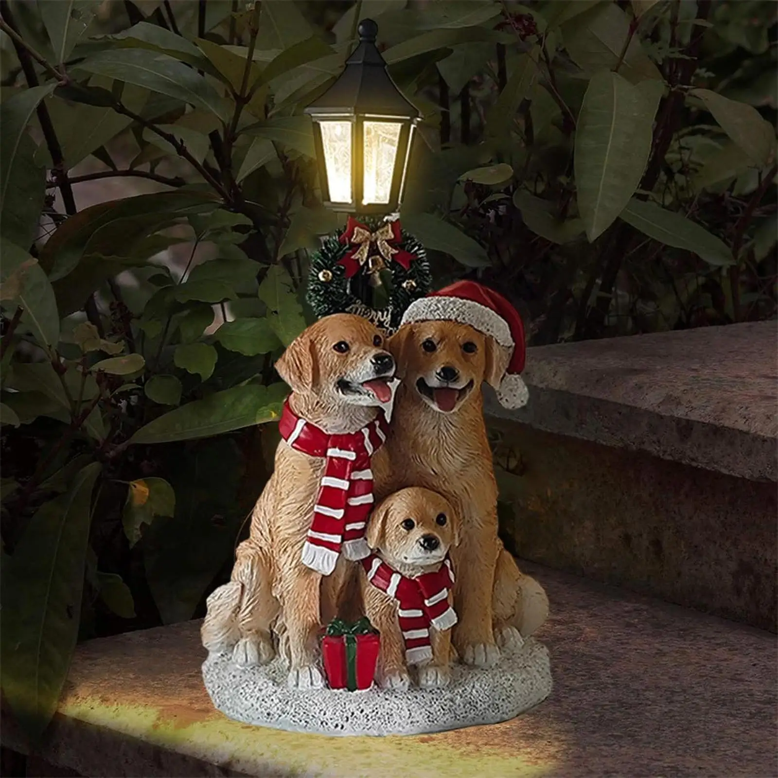 Xmas Dog Ornament with Light Lamp Post Resin Funny Christmas Craft Statue for Housewarming Gift Lawn Decor Courtyard Outdoor