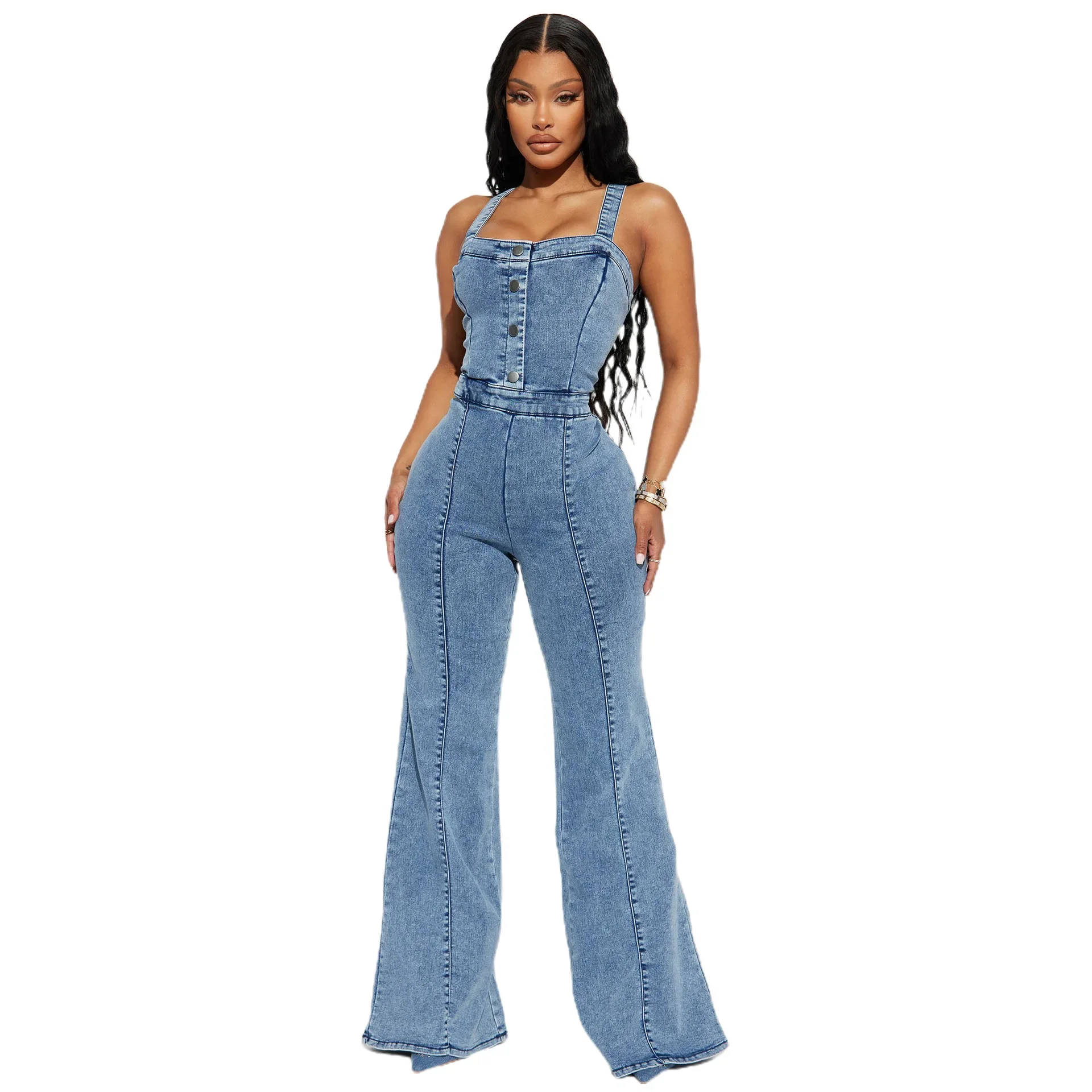 Women's Spring New Fashion Casual Sexy Spice Girl Denim Suspenders High-waisted Denim Wide-leg Pants Flared Pants Jumpsuit Y2k