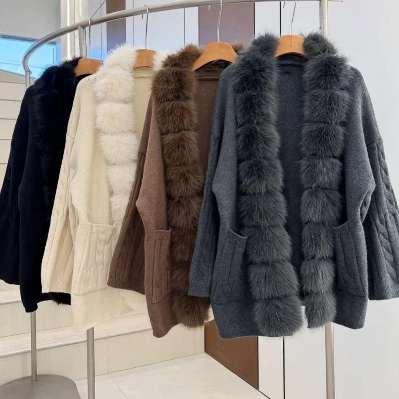 Cable Knit Cardigan with Faux Fur Collar — product details 5