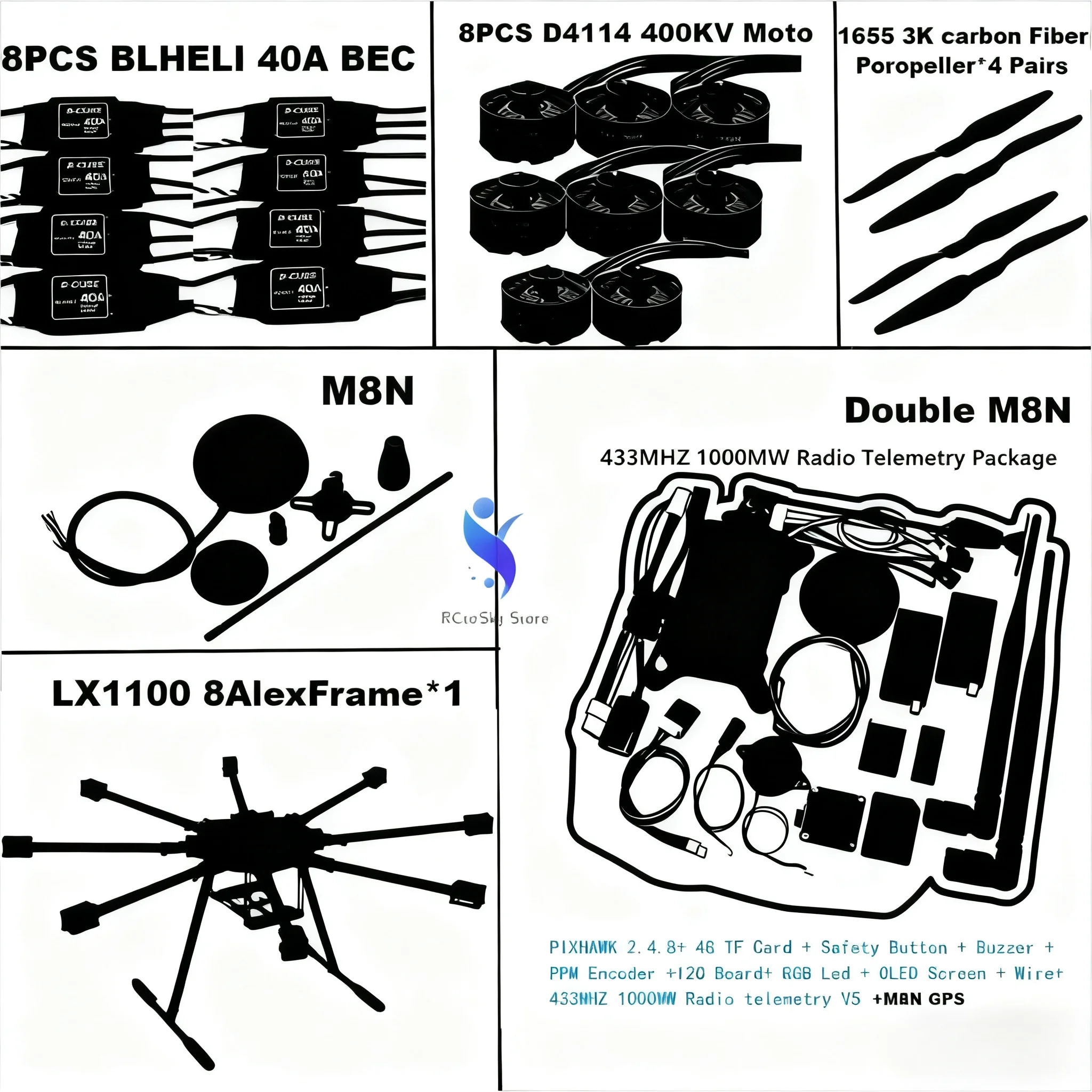 Angeltoy LX1100 Full Carbon Fiber 1100mm Octa-Rotor Frame X-Roter 40A ESC 2.4.8 Flight Comtrol Set 4110S Motor