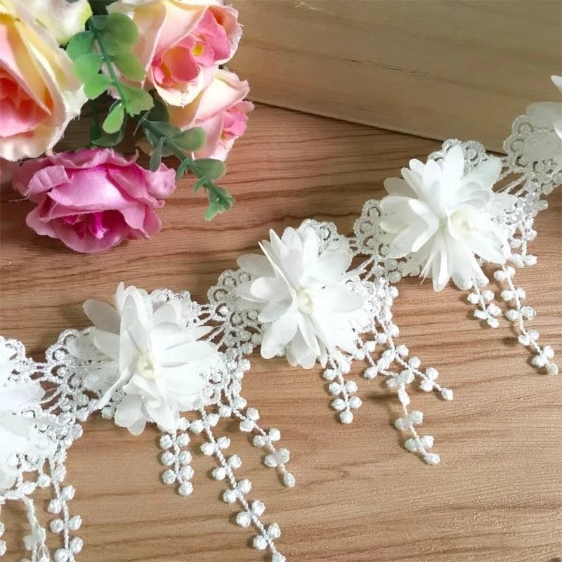 White 3D Chiffon Rose Lace Fabric Flower Pearl Beads Wedding Decor Lace Ribbon DIY Craft 8.5cm Wide
