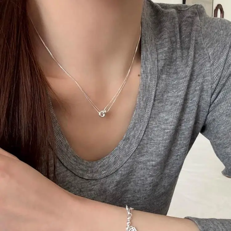 Women's 925 Sterling Silver Bead Geometry Necklace, Korean Design
