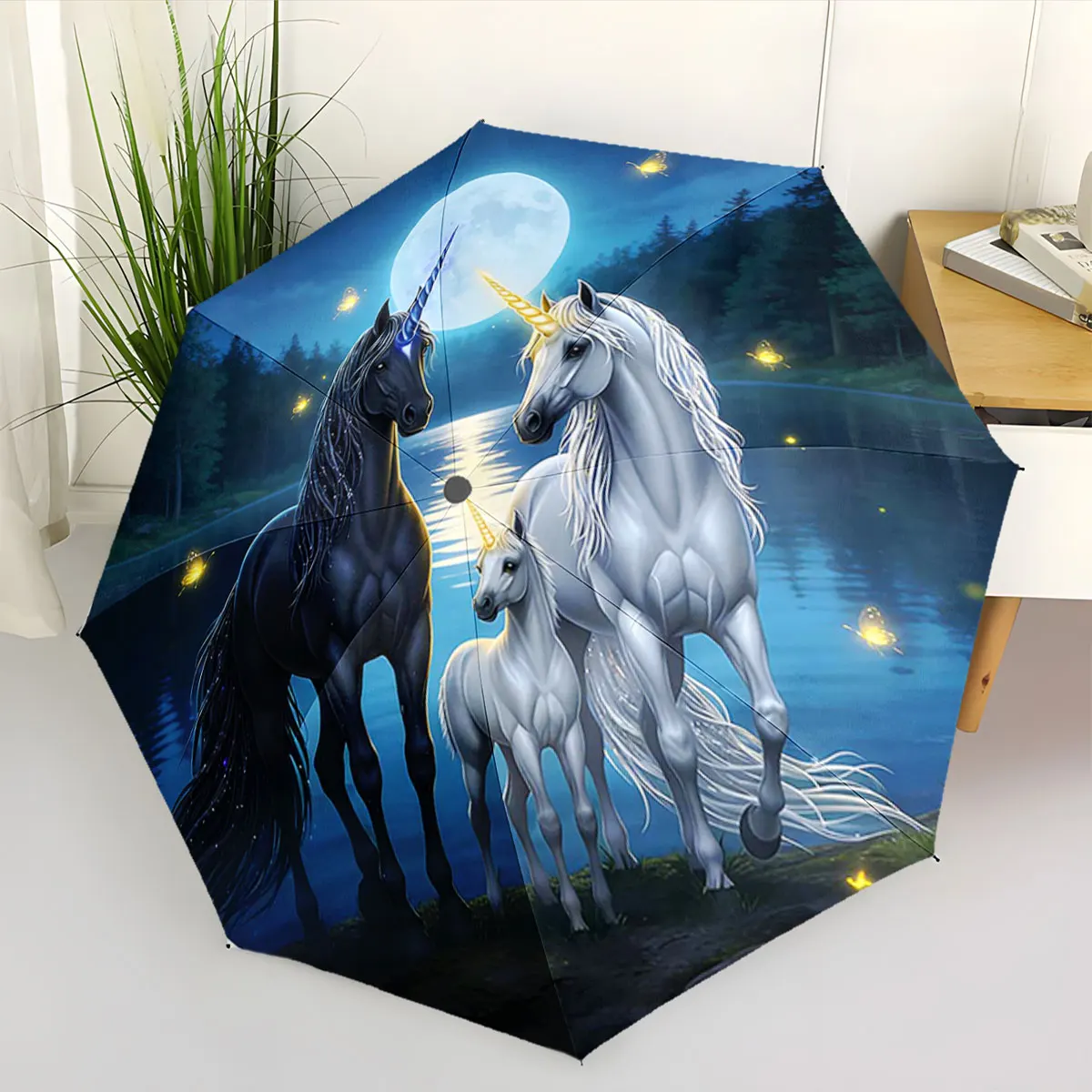 1PC Unicorns by Moonlit Lake Print 8 Iron Ribs Folding Umbrella Auto-Open Fashion Sunshade