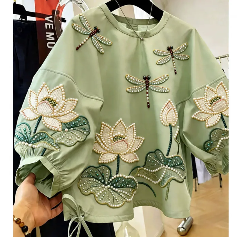 Fashionable New Spring Summer Green Lantern Sleeve Women Shirts Round Neck Elegant Dragonfly Diamonds Pullover Top Casual Tees