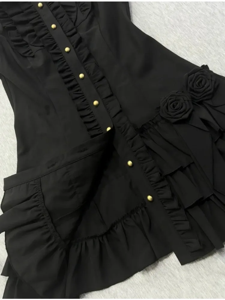 Robe Mino Vintage sans manches pour femmes, taille noire japonaise, Slim, à volants irréguliers, Design Floral, tenues Y2k, nouvelle collection été 2025