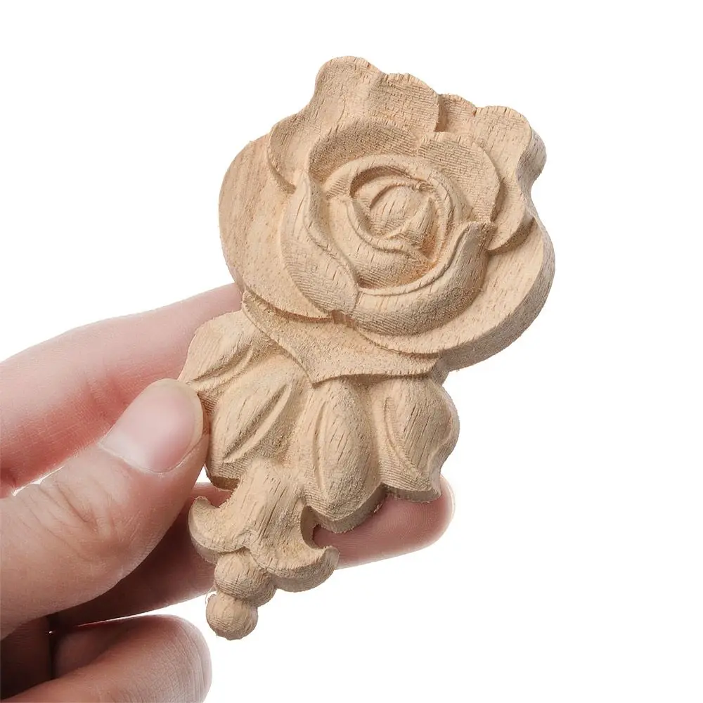Unpainted Furniture Ornament Door Adornment Floral Carved Woodcarving Rose Flower Wooden Crafts Corner Appliques