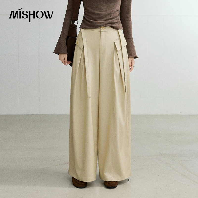 MISHOW Women's Wide Leg Pants 2026 Autumn High Waist Self Tie Loose Fit Pants Daily Commuter Slimming Female Clothing MXF44K2757