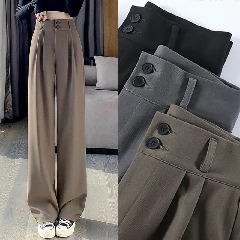 

Корейские модные женские костюмные брюки с высокой талией, женские классические дизайнерские прямые брюки, женские удобные брюки свободного покроя