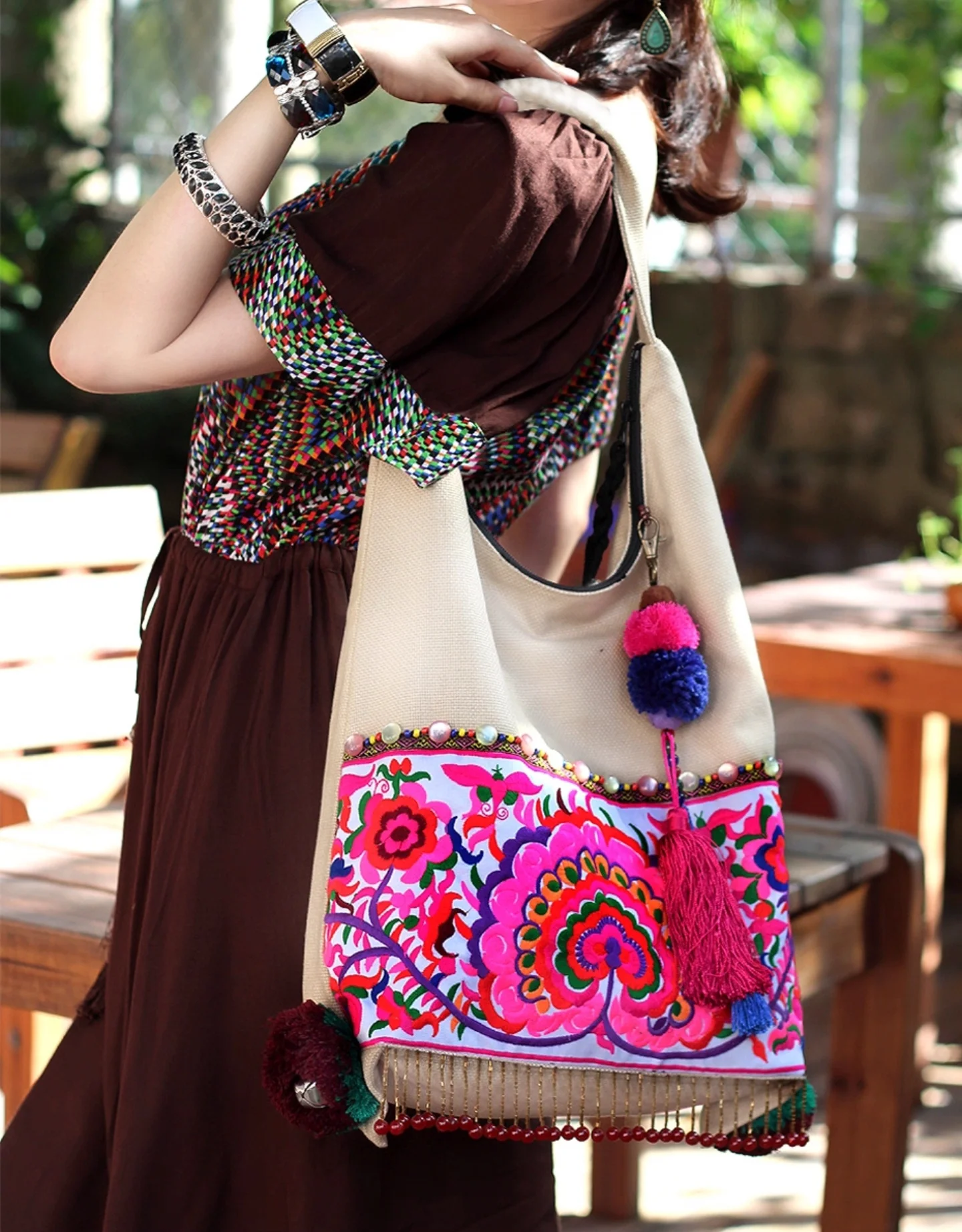 

New Beige Women Bag Double sided embroidered canvas bags Handmade tassel shoulder bags Ethnic bags