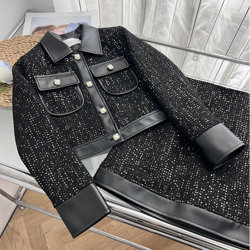 Korean Style High Street Women 2 Pcs Fashion New Single Breasted Spliced Leather Polo Small Fragrance Jacket + A-line Skirt Sets