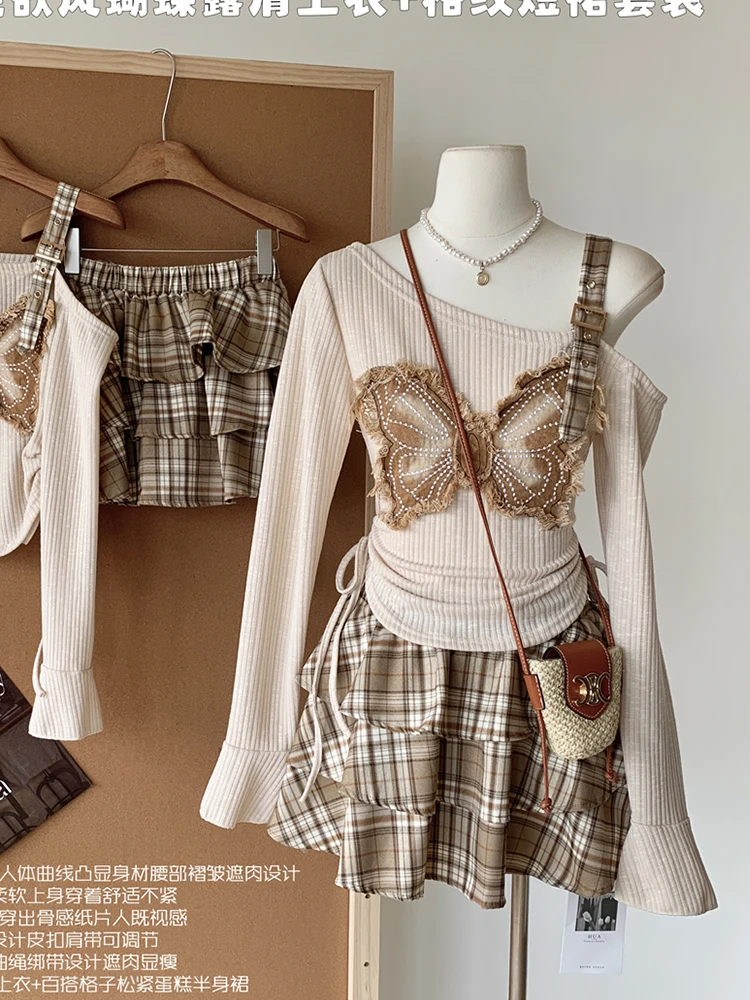 Autumn Winter Japanese Gyaru Cute Goblin Core Y2k JK Preppy Korean Women Outfits 2 Piece Set Long Sleeve Top + Mini Plaid Skirt