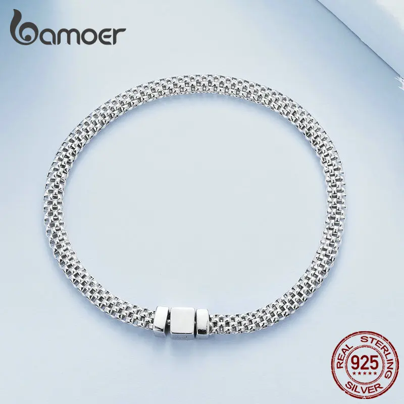 Bamoer 925 Sterling Silver Classic Square Buckle Bracelet Retro Braided Silver Chain Link for Women Platinum Plated Fine Jewelry