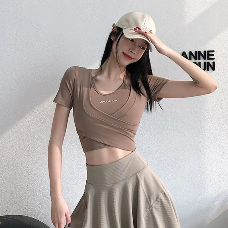 Sexy Yoga Clothes Show Clavicle Tightening Waist Short Sleeve Running Sports Fitness Top Women's Summer Thin Short Length rou...