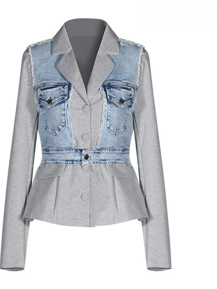 

Autumn 25 New Design Sweatshirt Denim Patchwork Fake Two-Piece Waist-Cinching A-Line Hem Suit Short Outerwear Women