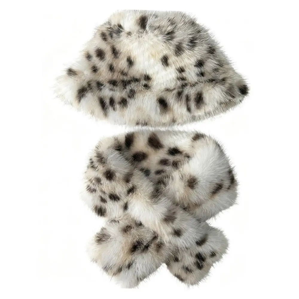 Fluffy Thicken Warm Faux Fur Bucket Hat Imitation Fur Leopard Print Cap Scarf Set Versatile Scarf Pullover